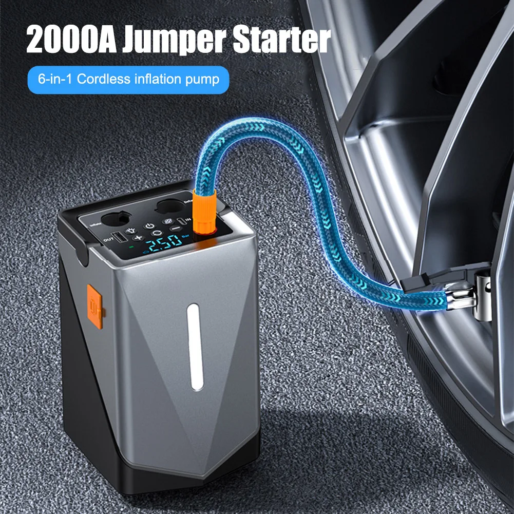 Portable Jump Starter with Air Compressor 6-in-1 Car Battery Jump Starter with 150PSI Tire Inflator 2000A Jumper Kit car jump starter jump starter