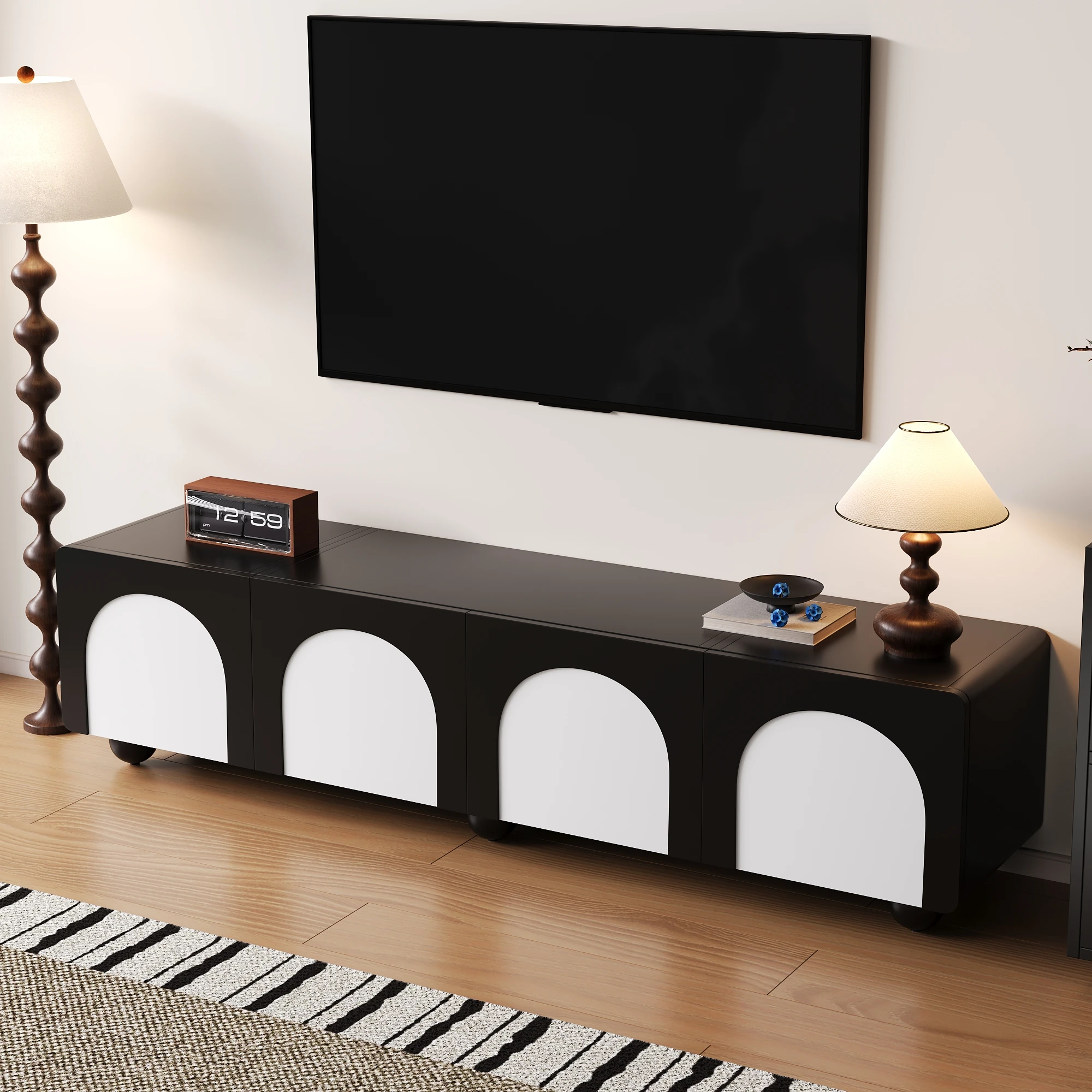 PINGGO TV-Schrank mit zwei Schubladen und zwei Türen, klassisches schwarz-weißes Design, TV-Möbel, niedriges TV-Panel, 180 x 38 x 45 cm – Detail 8