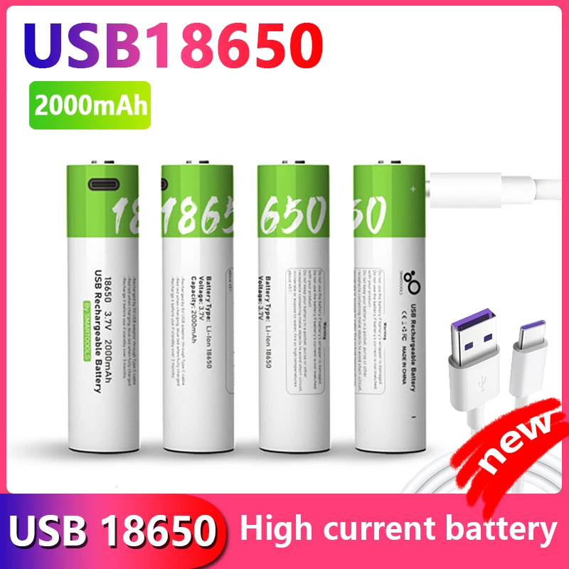 

2023 New USB rechargeable 18650 battery, lithium-ion battery suitable for flashlights, toys, drones, 2000mah, 3.7