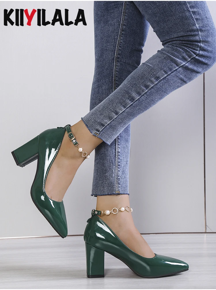 Orange Pearl Crystal Embellished Chain Pumps with Chunky Heels and Pointed Toes in Patent Leather