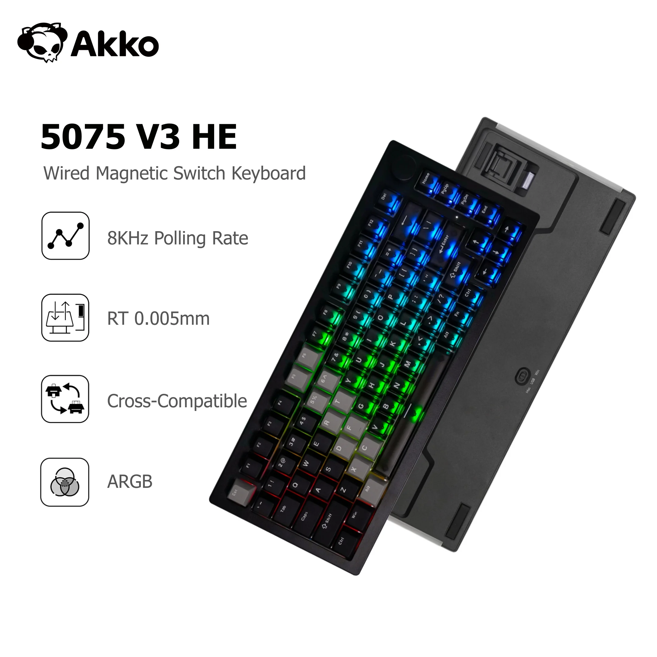 아코 5075 V3 HE 마그네틱 키보드 75% 커스텀 기계식 게이밍 키보드 래피드 트리거 0.005mm 8K 폴링 레이트 ARGB