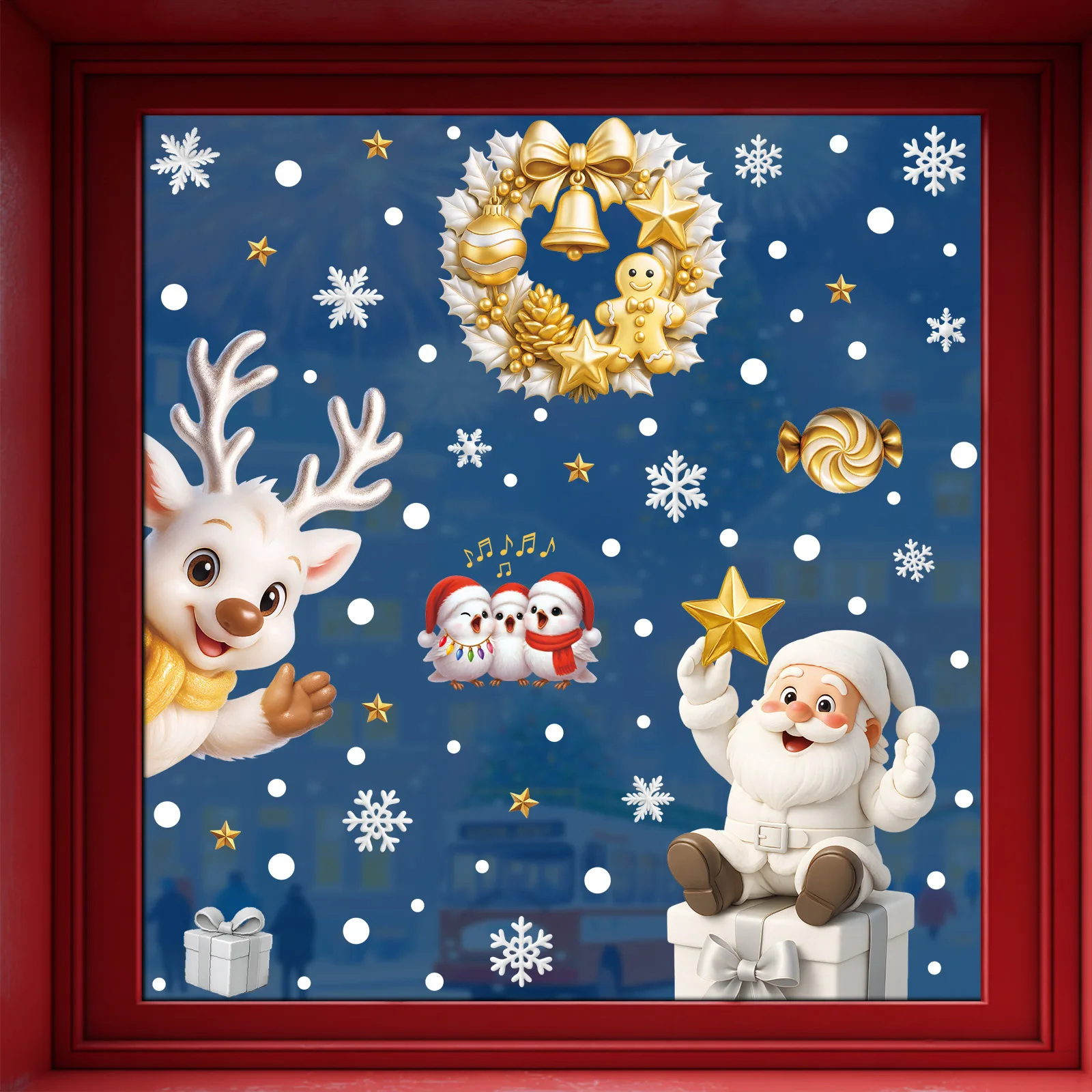 Set of 3 Christmas Static Cling Stickers, Gold Reindeer Snowman Igloo Window Decals, Complete Holiday Scene