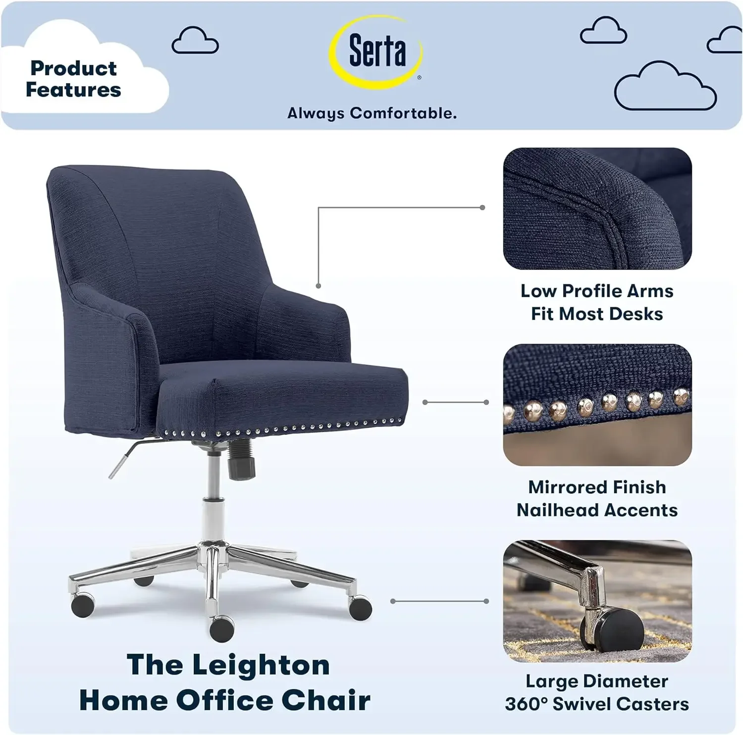 

eighton Home Office Chair with Memory Foam Height-Adjustable Desk Accent Chair with Chrome Twill Fabric