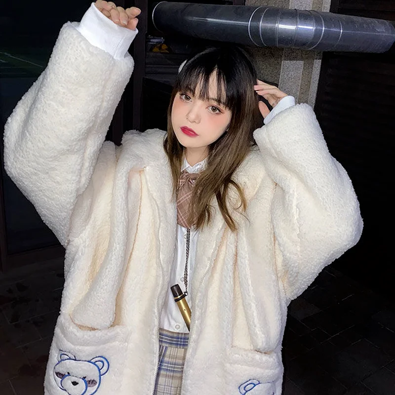 Women Kawaii Bear Embroidered Zip Up Loose Hoodies Japanese Harajuku Lambswool Sweatshirt Coats Soft Girl Cute Plush Jacket 2023
