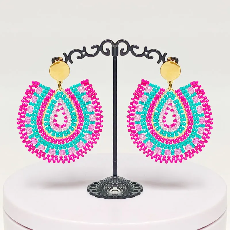 Beaded earrings Crystal Originality Water drop Alloy Graph Colour Hand knitting Bohemia Tide Simple Rice bead earrings