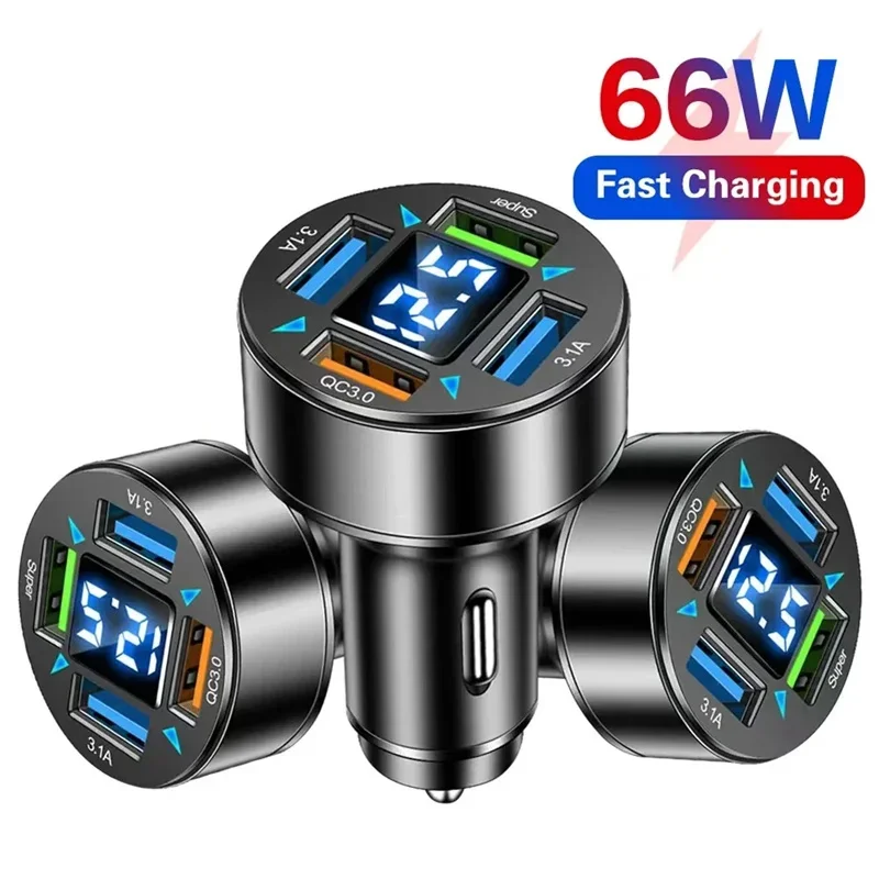 

66W Power Adapter 4-Port Blue Light Fast Car Charger USB PD Quick Charge Adapter QC 3.0 LED Digital Display for Huawei Xiaomi