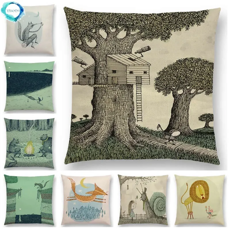 

New Design Sketch Fairy Tales Sofa Pillowcase Fantasy Forest Hut Tree House Magical Animals Fable World Cushion Cover