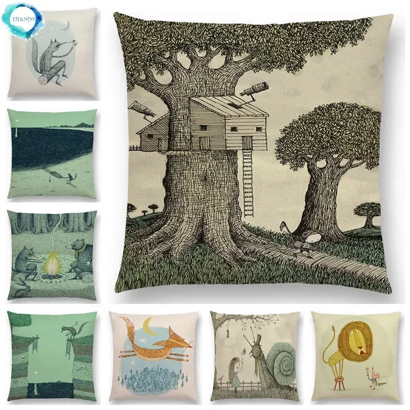 Nuovo Design Schizzo Fiabe Divano Federa Fantasy Forest Hut Tree House Animali Magici Foable World Cushion Cover