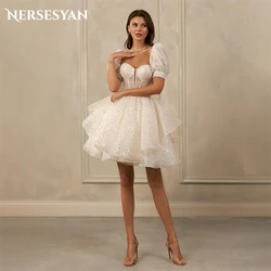 Nersesyan Glitter Wedding Dresses With Detachable Puff Sleeves Off Shoulder Bridal Gowns A-Line Tiered Ruffles Bride Dress Shiny