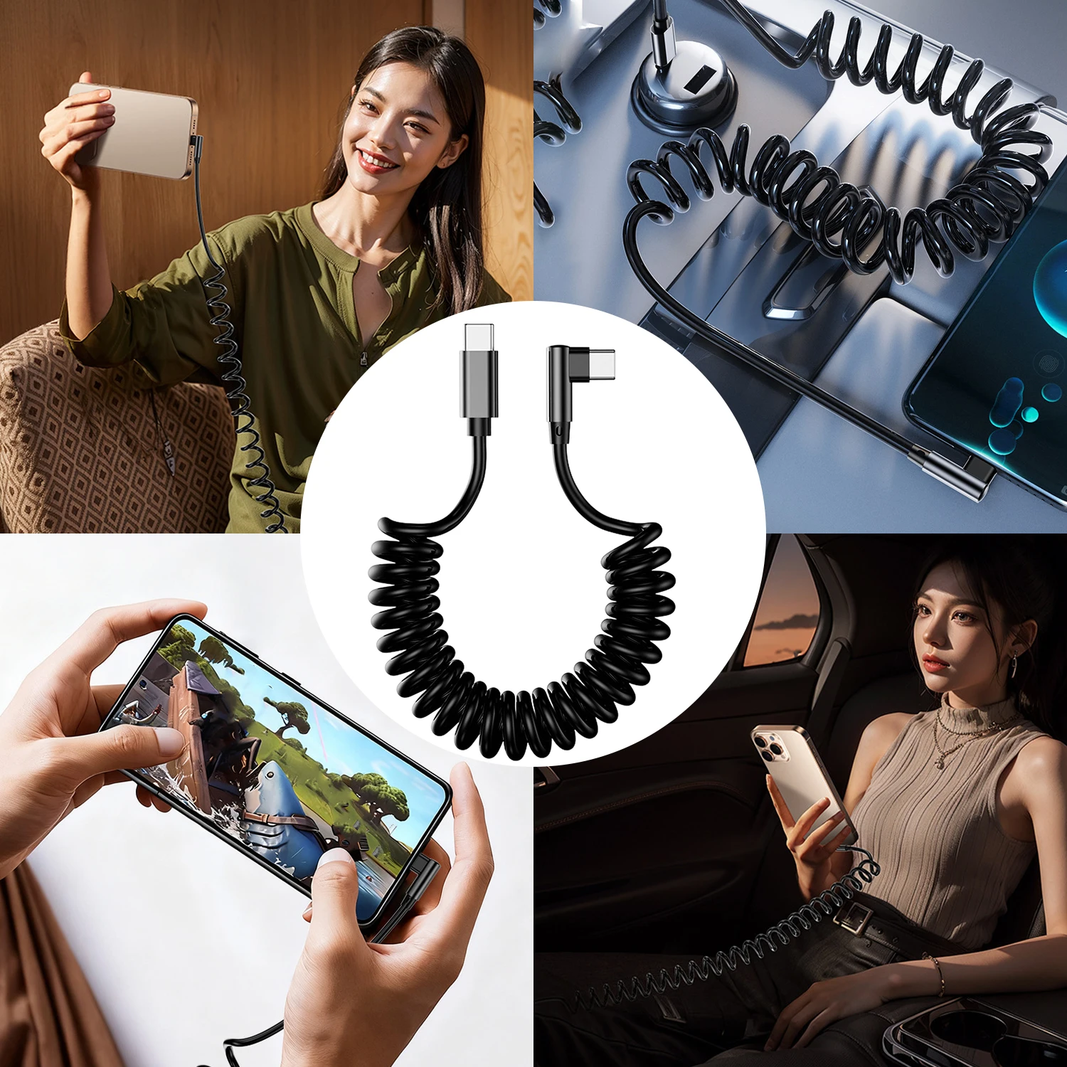 120W USB C To Type C Fast Charging Cables Retractable Dual Type C Cable  Car Spring Data Cable Wire for iPhone 17 Samsung Xiaomi