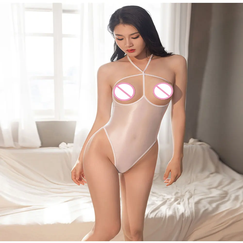 

Women Sexy Sheer Glossy Cupless Bodysuit See Through High Cut G-string Leotard Lingerie Halter Strap Tie Rope Bodysuit Nightwear