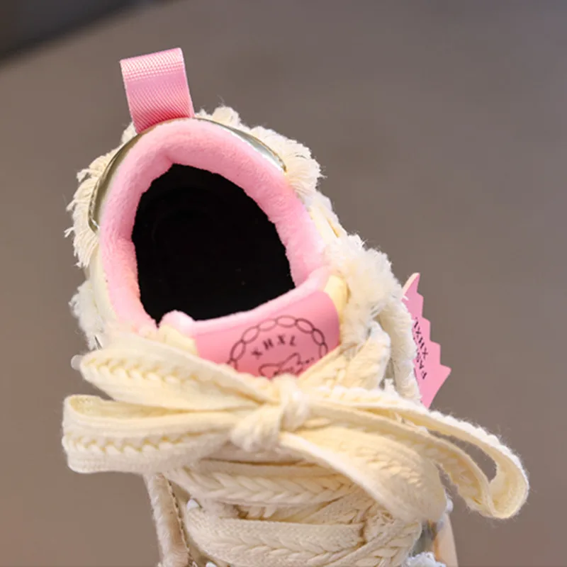 Design Tassel Girls Casual Shoes Winter PU Short Plush Warm Children Sneakers Fashion Lace Up Anti Slip Kids Sport Shoes