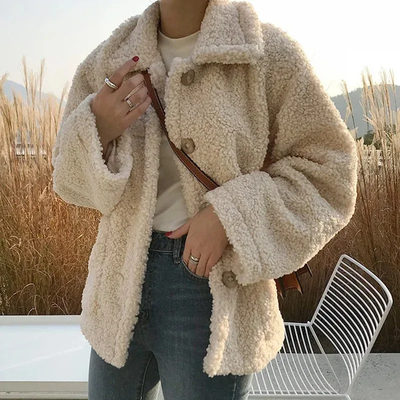 Women Winter Fall Thick Coat Soft Fur Jacket Autumn Overcoat Female Fashion Button Warmth Long Sleeves Plush Casual Outerwear