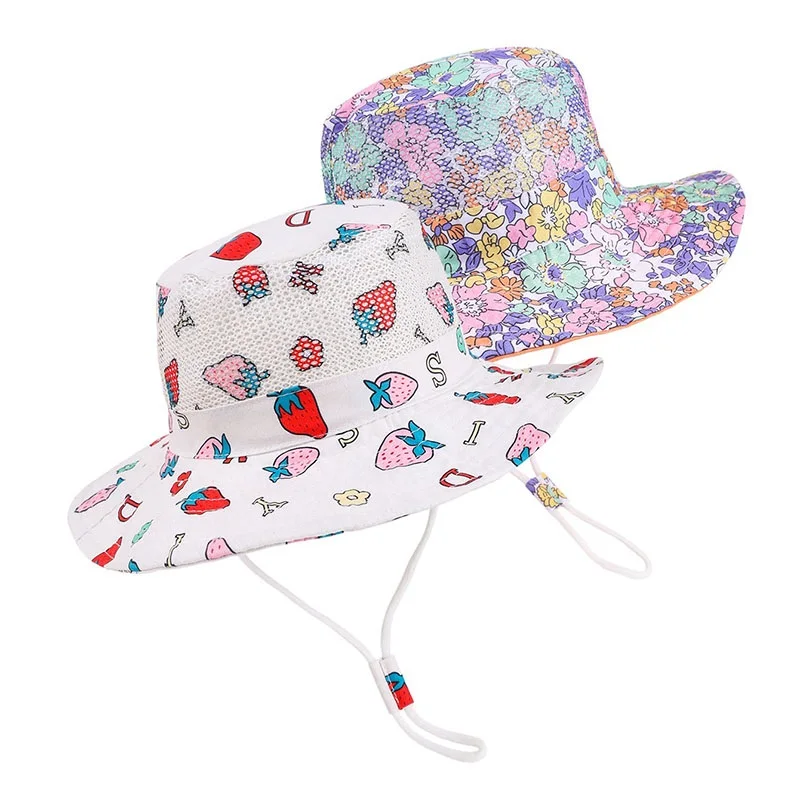 Children Bucket Hat for Girls Flower Baby Beach Mesh Hat Toddler Kids Wide Brim UV Protection Outdoor Panama Summer Sun Caps