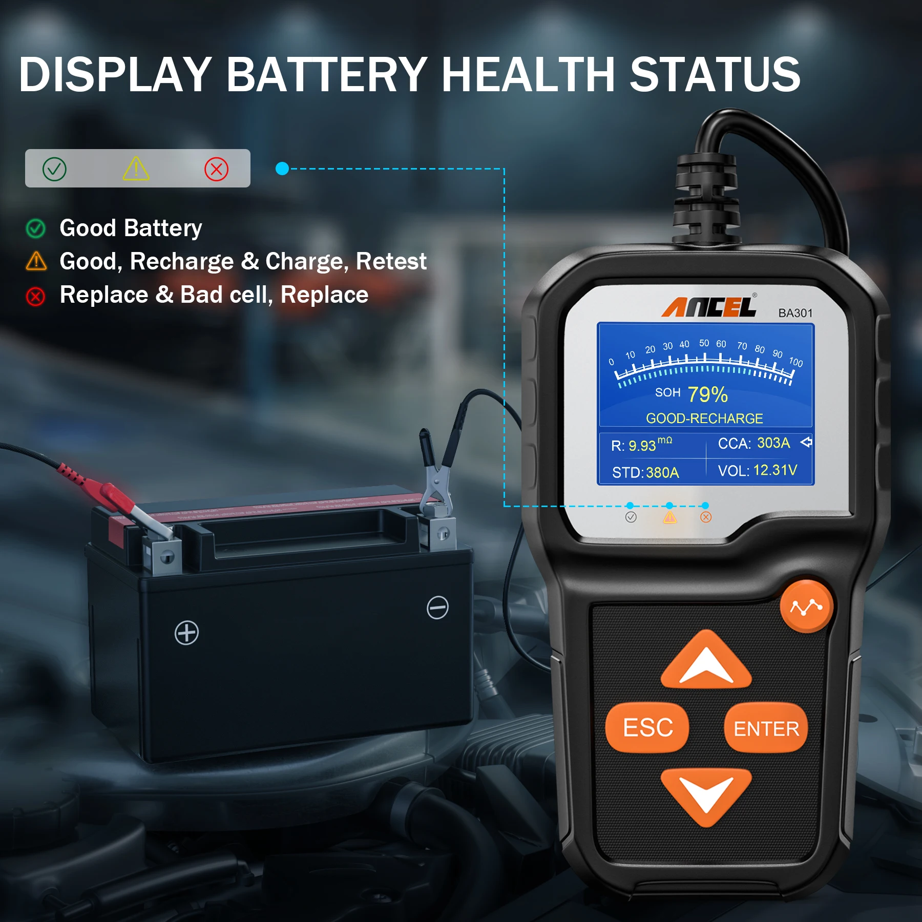 ANCEL BA301 6V 12V Car Battery Tester 100-2000 CCA Automotive Load Tester Alternator Auto Digital Battery Analyzer Crank battery monitoring tester