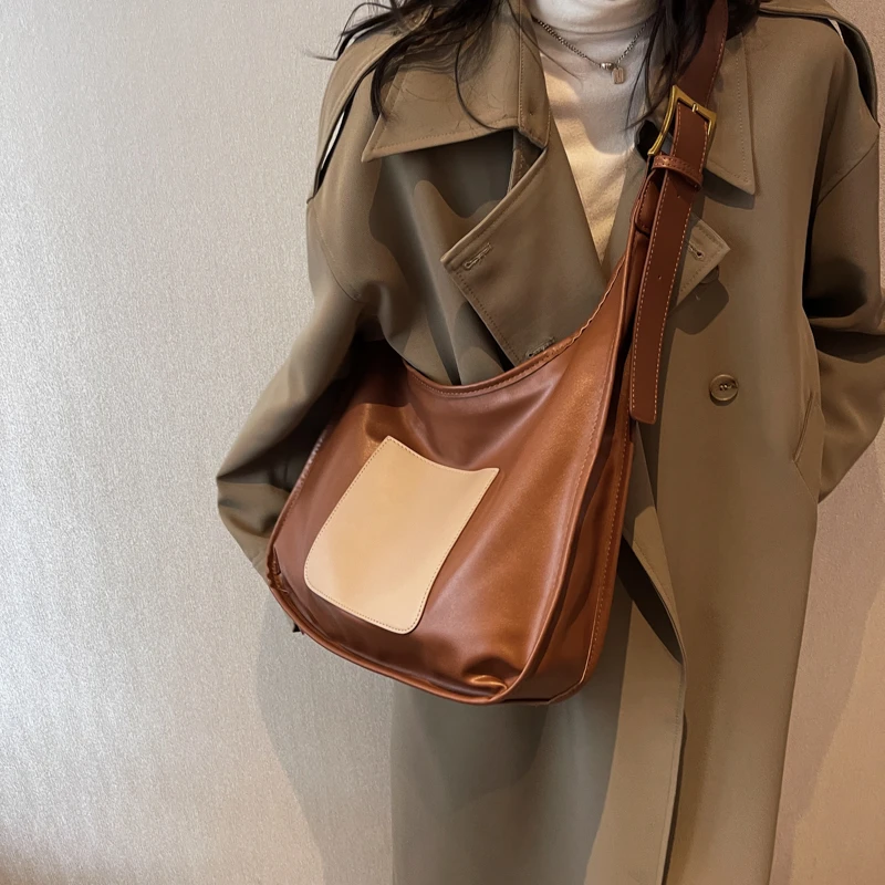 

Повседневная сумка через плечо контрастных цветов для женщин, большая сумка-тоут на плечо, дамская сумочка-мешок из мягкой кожи, чемоданчик для подмышек