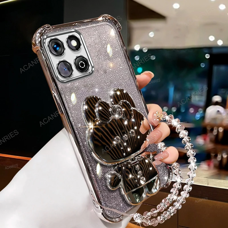 Plating Anti-fall Silicone Case with Mirror Rabbit Stand and Clear Bead Chain