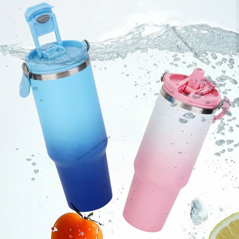890ML Stainless Steel Thermos Cup Travel Thermos Water Bottle with Straw Keep Cold and Hot Car Coffee Cup Portable Vacuum Flask
