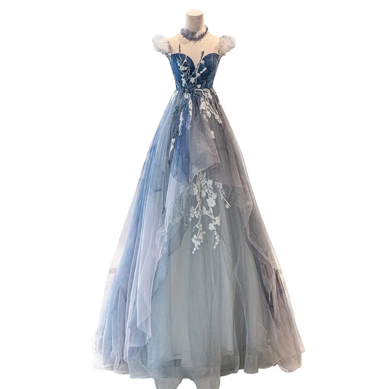 New Blue Evening Dress Elegant Flying Sleeves Floral Lace Prom Gown Noble Appliques Beading Long Sukienka Wieczorowa Customized