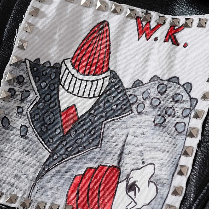 Punk Rivets Motorcycle Leather Jacket Women 2024 Trend Slim-fit Streetwear Graffiti Print Faux Leather Cropped Jacket