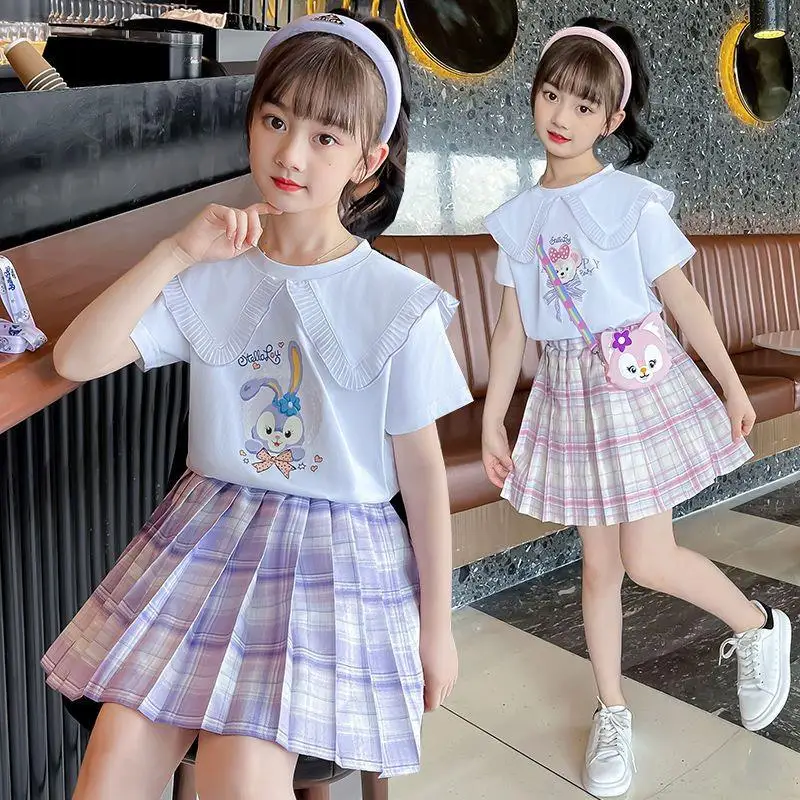 

2022 Summer Dress Girls Dresses Korean Version Cartoon Letter Short Sleeves T Shirt Plaid Skirt Two Piece Set