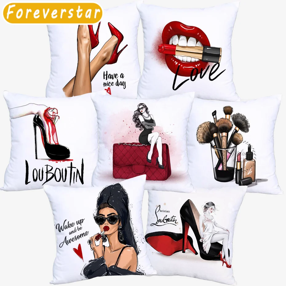 

High Heel Cushion Covers Modern Fashion Lady Red Lips Lipsticks Cushion Cover Home Decorative Polyester Pillow Case Funda Cojín