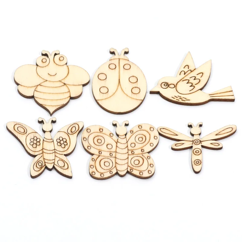 20pcs Mix Ladybug/Bee/Bird/Butterfly Wooden Slices Embellishments Wood DIY Crafts Scrapbooking For Handmade Home Decor Supplies