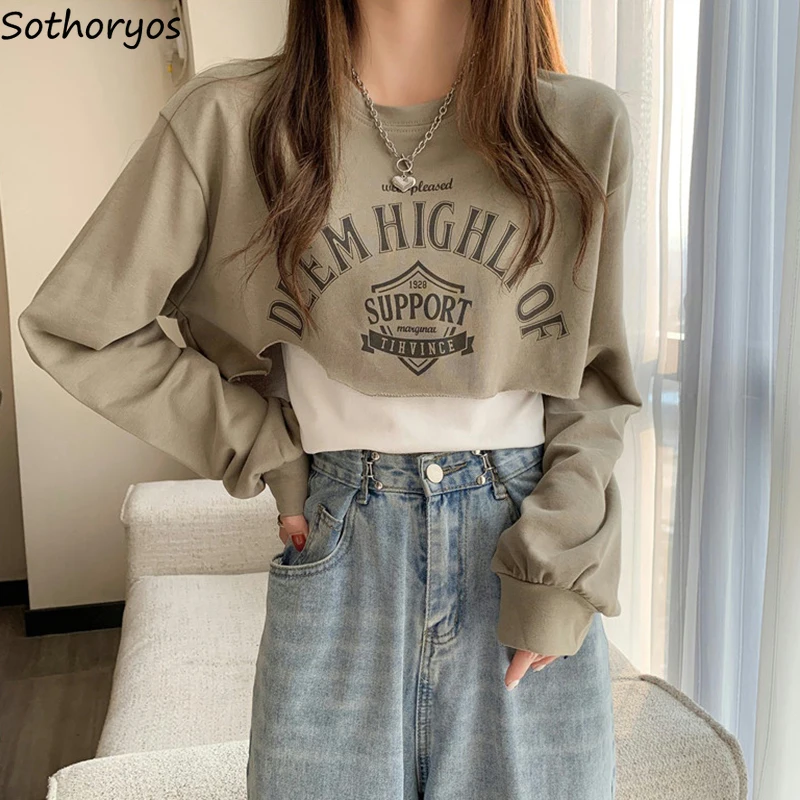 

Printed Hoodies Women Cropped Fashion Hip-hop Sweatshirts Harajuku Teenager Streetwear Korean Style O-neck Tops Ins Spring Loose