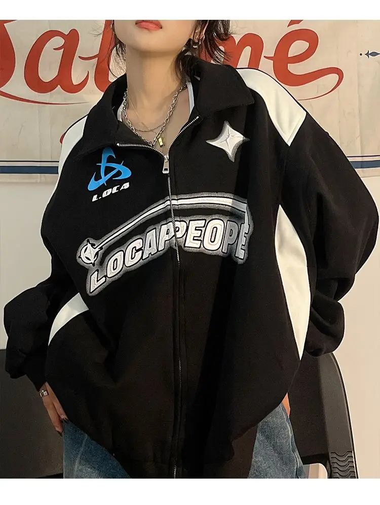 Jachetă de damă cu fermoar și imprimeu cu litere, jachetă supradimensionată, Y2K, retro, hip hop, vrac, trend coreean, modă stradă, casual, jachetă_voghion.com