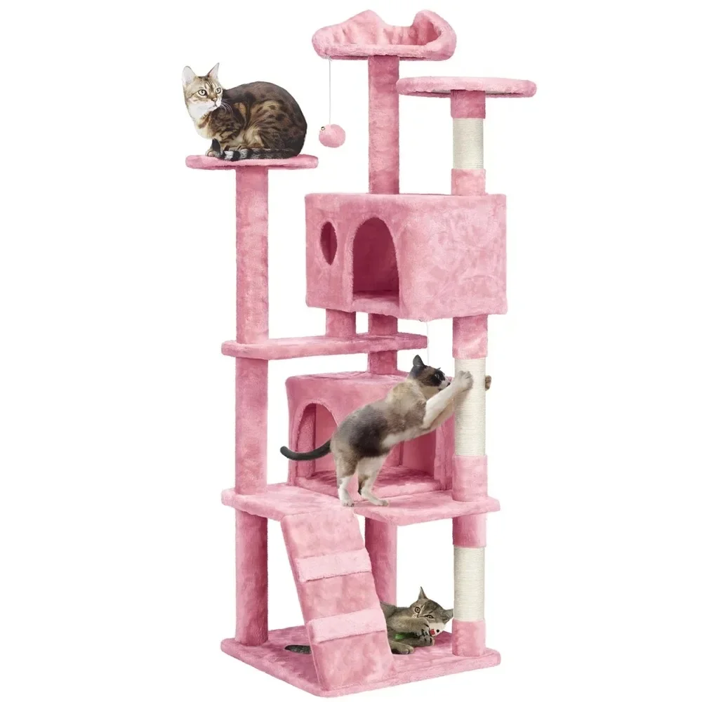 62.5'' H Multilevel Cat Tree w/ 2 Condos & 2 Fur Balls & 3 Scratching Posts, Pink 1