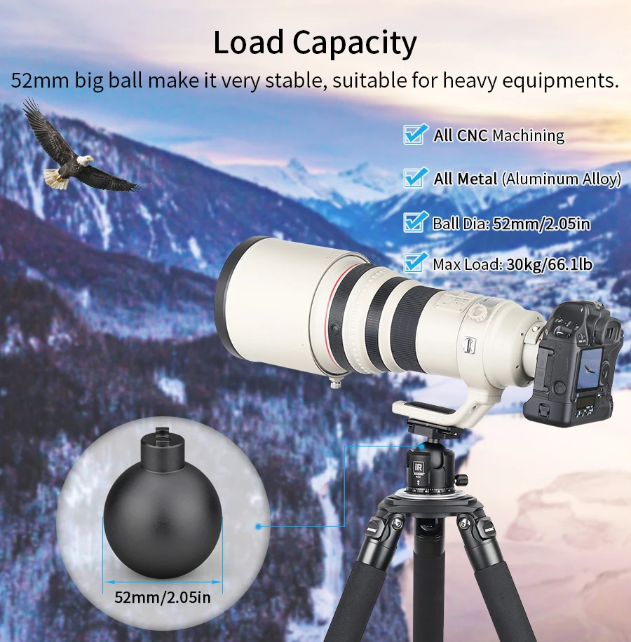 N52 Black Panoramic Low Profile Tripod Ball Head, Double U Notch Ultra-low Spher