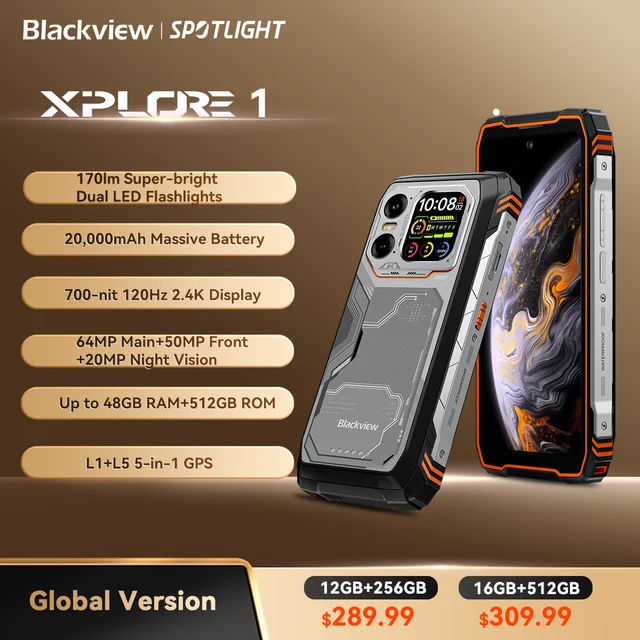 Blackview XPLORE 1 هاتف محمول خارجي، هاتف ذكي متين مقاوم للماء 5G Android 15، شاشة 6.78 بوصة 2.4K، 16 جيجابايت + 512 جيجابايت، 20000 مللي أمبير في الساعة 1