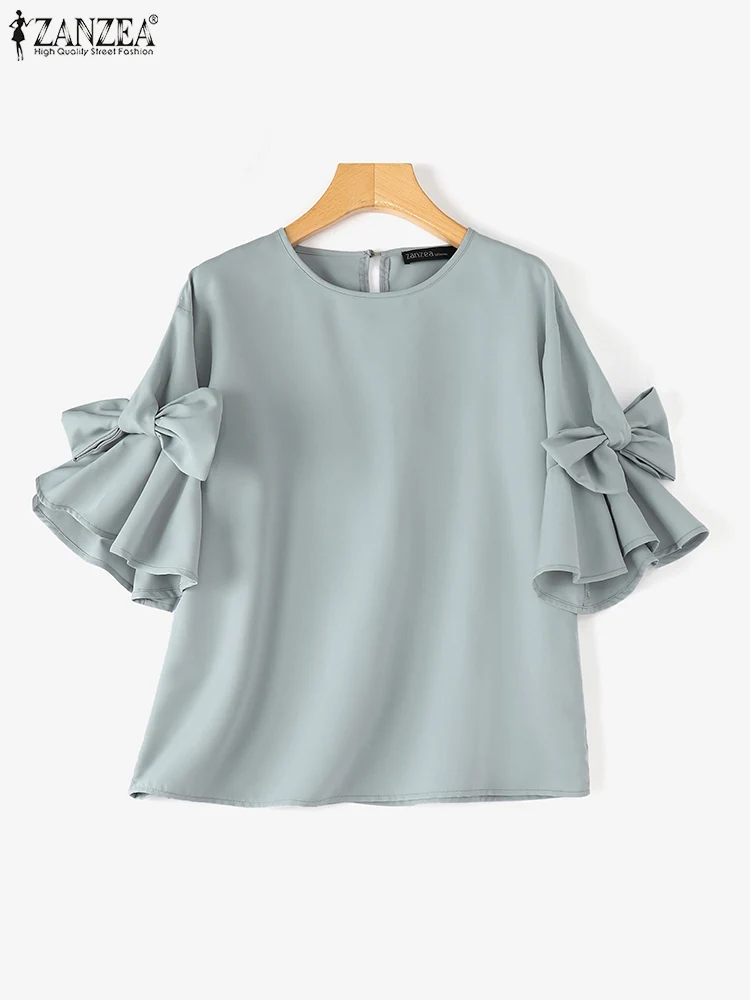 ZANZEA Women Korean Ruffles Chiffon Blouse Autumn Elegant Lantern Short Sleeve Tops Spring Shirt Vintage Bow Tie Patchwork Tunic 4