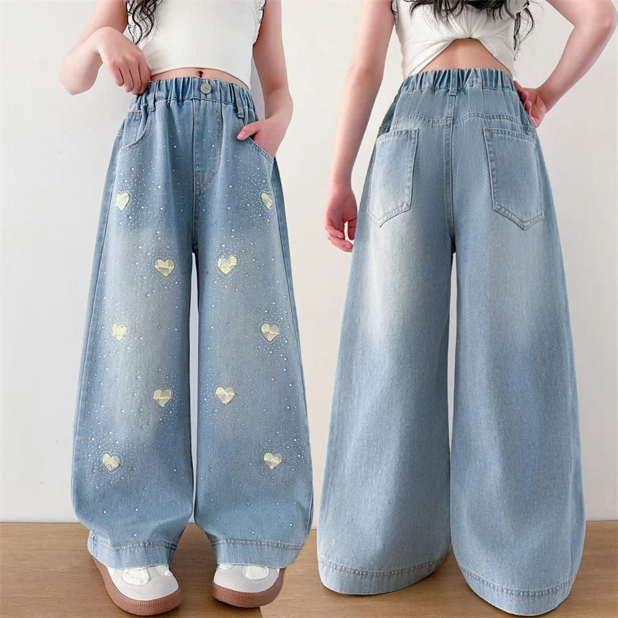 신상 봄 가을 아동 여아 디자이너 패션 스트레이트 핏 하트 크리스탈 청바지, 스..