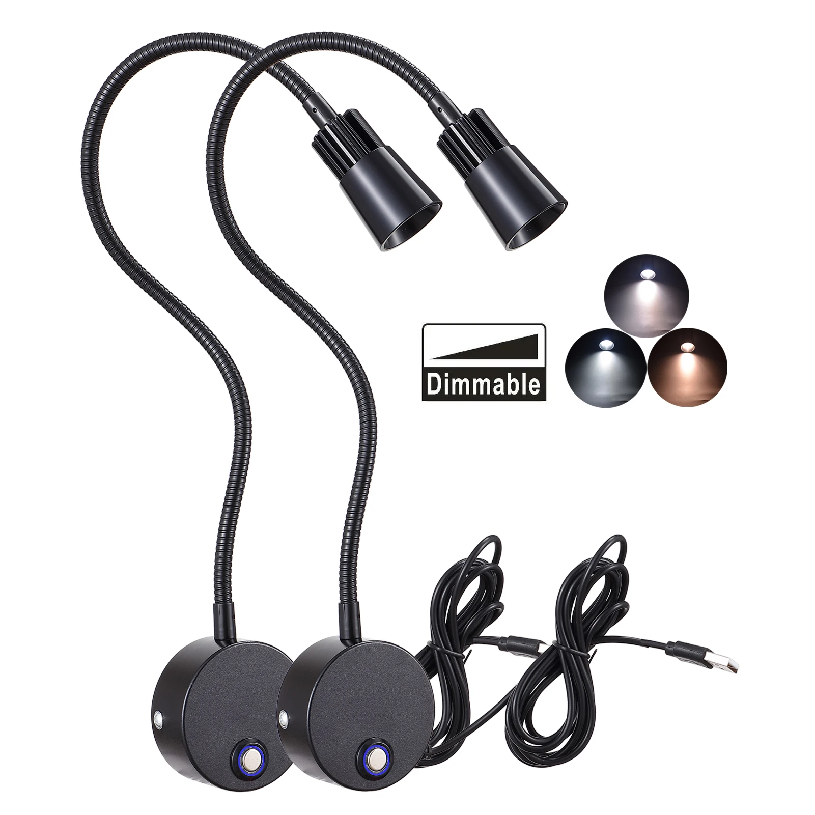 침대 소파 벽 헤드 보드 마운트 램프, 독서등 장식, 5V USB, 3 색, DIM CRI98 재봉틀, 수공 스포트라이트, 2 팩..