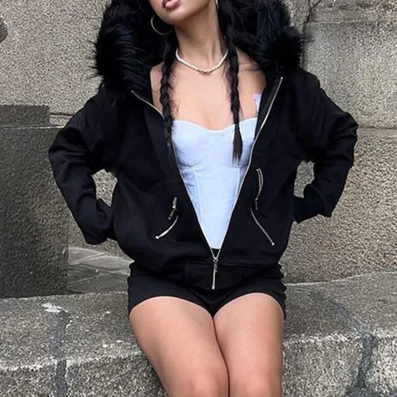 

Vintage Fashion Zip Up Women Sweatshirts Casual Fur Collar Hoodies Chic Streetwear Aesthetic Pockets Cardigans