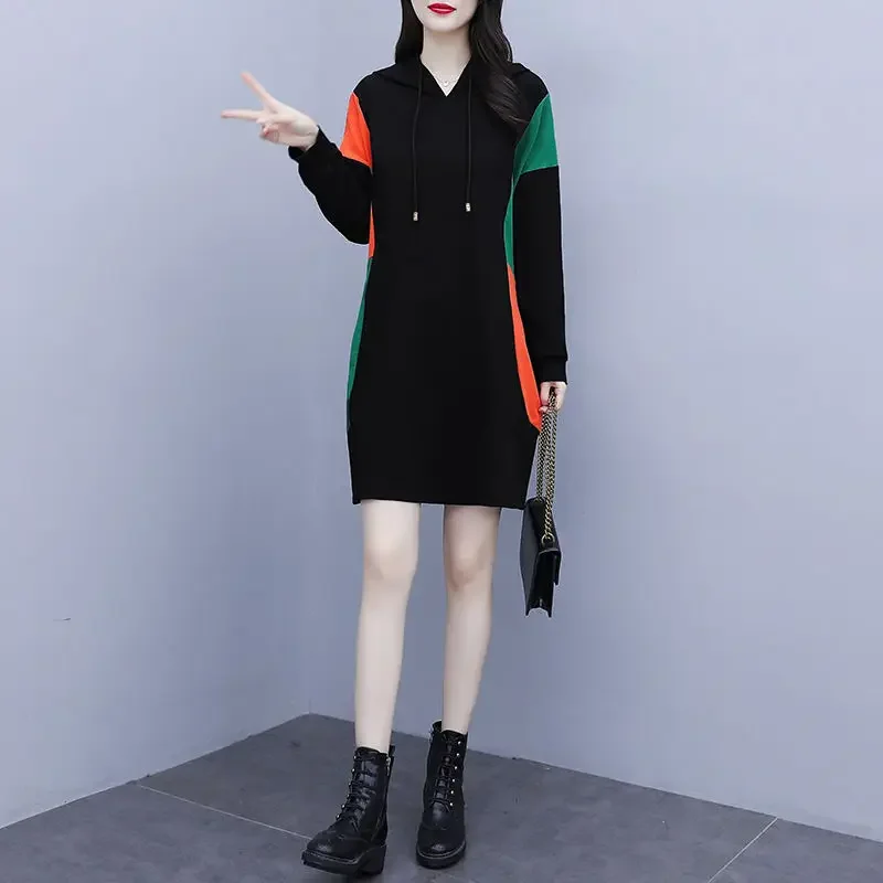 2023 Autumn and Winter Women's Hooded Long Sleeve Mid Length Version Pockets Plus Size Fashion Casual Office Lady Dress