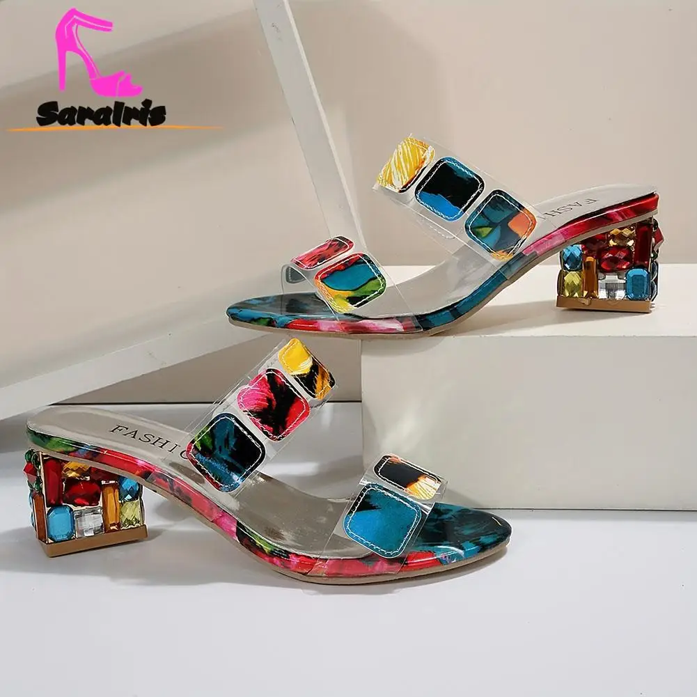 Chunky Heeled Women Sandals 2023 Hot Sale Rhinestone Heeled Peep Toe Lady Sandals Versatile Fashion Slip On Outwear Sandals