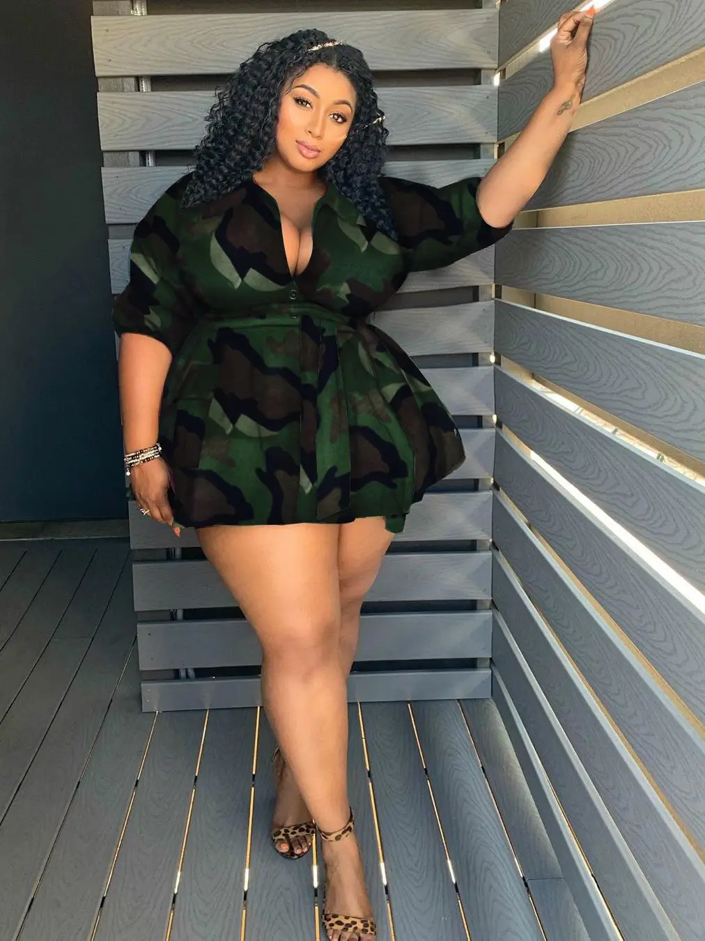 Plus Size Women Tops Camo Print Shirt For Lady 2022 Autumn Fashion Casual V Neck Skirts Fall Club Clothes Wholesale