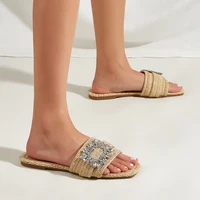 Aneikeh Summer Casual Fashion Square Headed Cane Knitted Flat Heels for Women Slippers Flat Bottom Crystal Sandals Beach Slides - Image 2