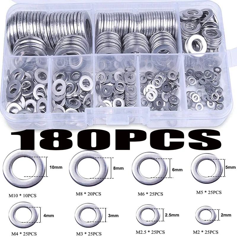 180pcs Stainless Steel Flat Washer Plain Washer Flat Gasket Rings Assortment Kit for Sump Plugs M2 M2.5 M3 M4 M5 M6 M8 M10