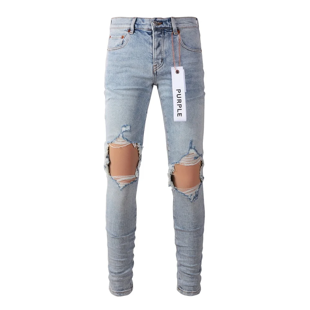 

New Arrival Brand Men's High Street Light Blue Denim Slim Fit Washed Damaged Destroyed Hole Stretch Solid Jeans