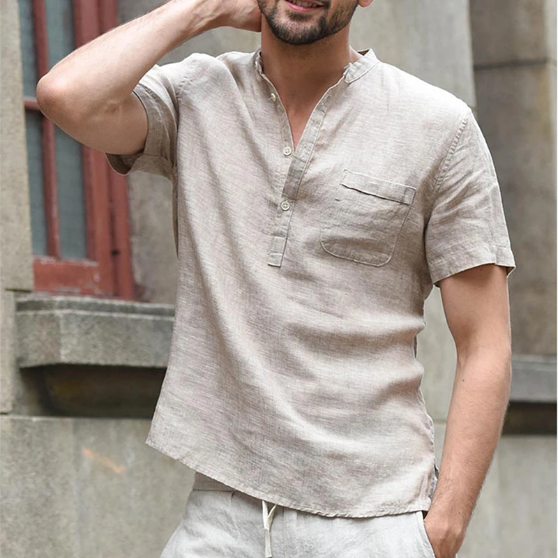 

MRMT 2024 Brand New Men's T Shirt Cotton And Hemp T-Shirt For Male Stand Up Neck Button Half Open Tops Short Sleeve Tshirt