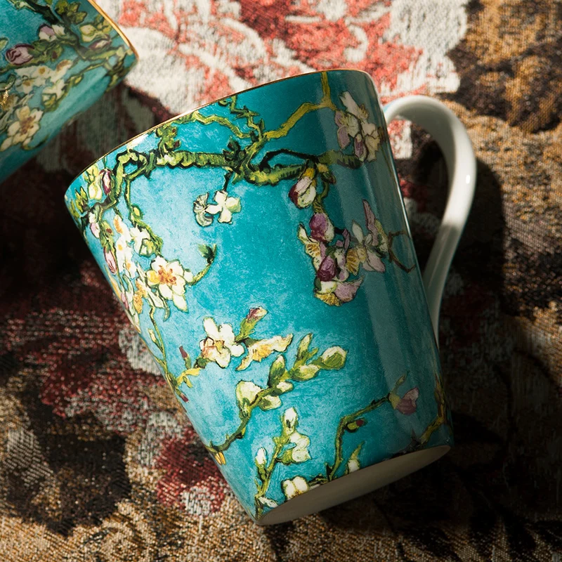 Chinese Style Ceramic Gift Cute Mug, Home Personal Office Creative Hand Drawn Flower Patterns, Milk Water Coffee Cup, 430ml, 1Pc