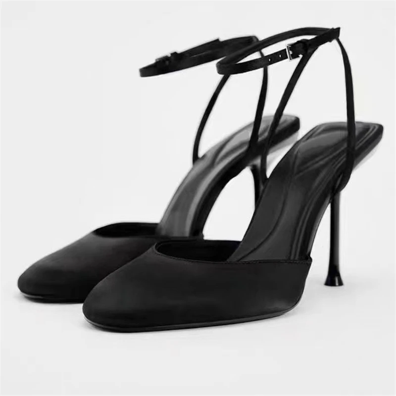 

Silk Patent Leather Round Toe Thin High Heels Women Sandals Solid Color Ankle Strap Shallow Fashion Brand Designer Female Shoes