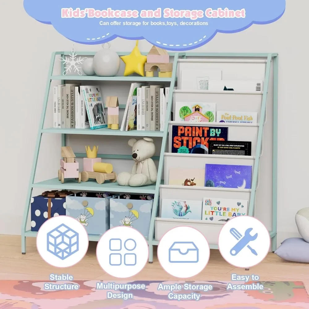 Bookshelf for Kids - Metal 4 Tier Childrens Bookcase with 5 Sling Deep Book Rack Display Shelves Toddler Toys Organizer 2
