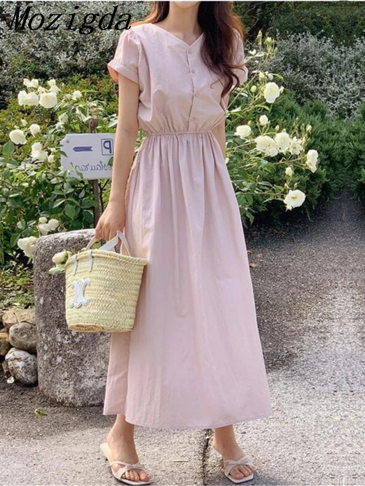 Summer-V-Neck-Long-Dress-Women-Ruffle-Pleated-Modis-Sweet-Pink-Ladies ...