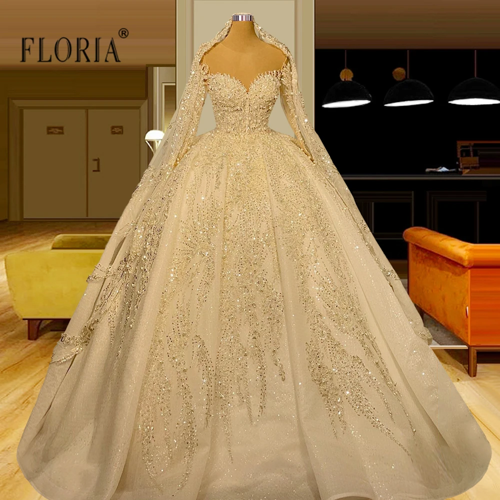 

Arabic Long Sleeve Pearls Crystals Wedding Gowns Women Romantic Flowers Lace Sparkly Pleated Wedding Dress Plus Size Custom Made