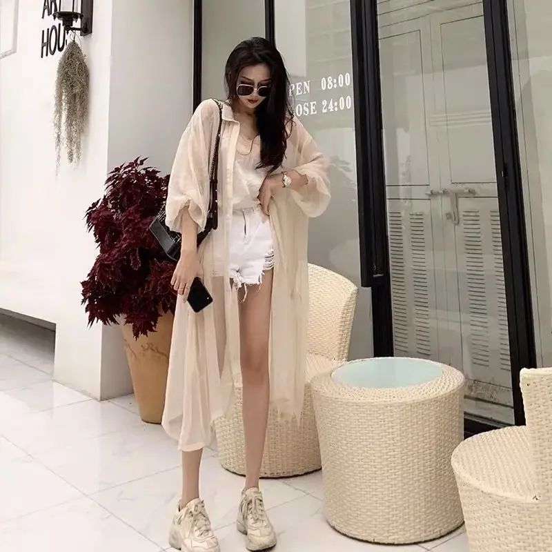 Bikini Cover Ups for Swimwear Women Sunscreen Clothing Cardigan Bubble Sleeve Beach Wear Loose Semi-transparent Chiffon Shirt
