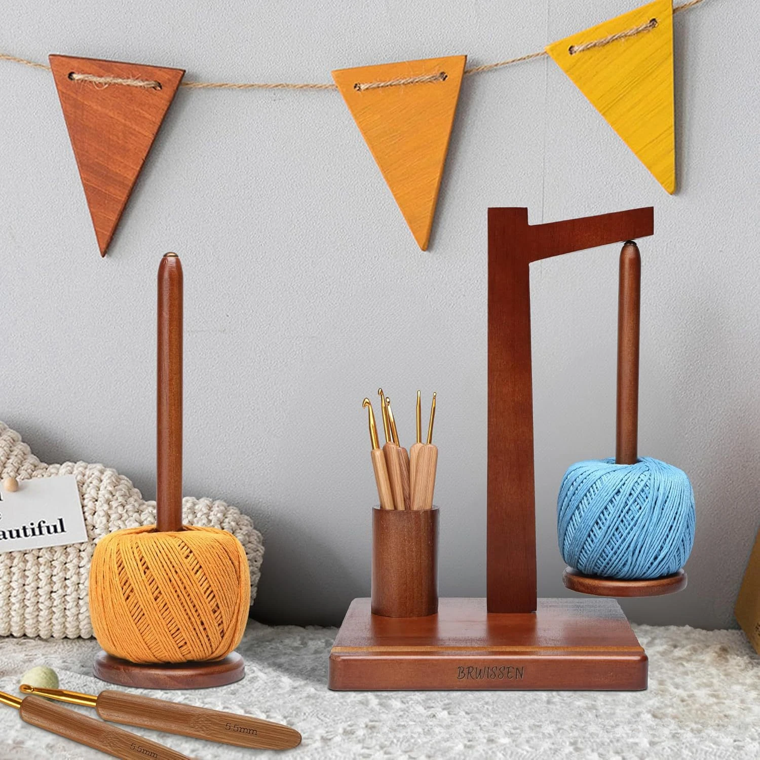 360&deg; Rotation Spinner Wooden Yarn Holder Spinning Knitting Tools Crochet Holder Rotating Magnetic Thread Spool Wool Ball Winder